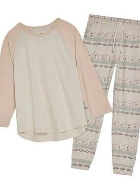 NEW Eddie Bauer Womens 2 Pc Ultrasoft Pajama Top Jogger Pants Tan Geometric M